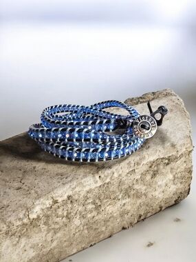 Victoria Emerson Blue Crystal Black Leather Wrap